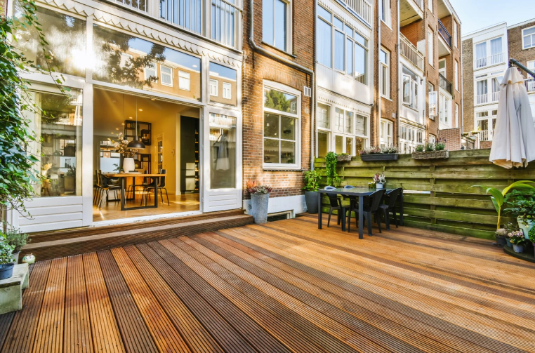 unique wood flooring in courtyard